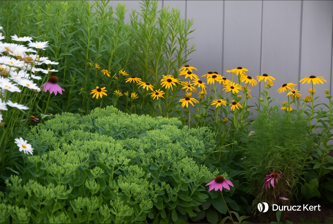 Gyerekbarát családi kert gyepszőnyeggel és automata öntözéssel