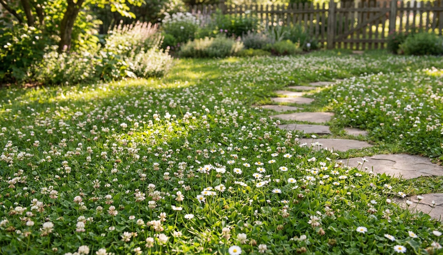 Gyep helyettesítése fehérherével és százszorszéppel egy gondozott családi ház kertjében.