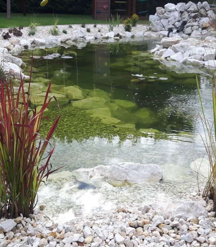 Kerti tó építés, víziszint szabályozás és növénytelepítés a tó körül.