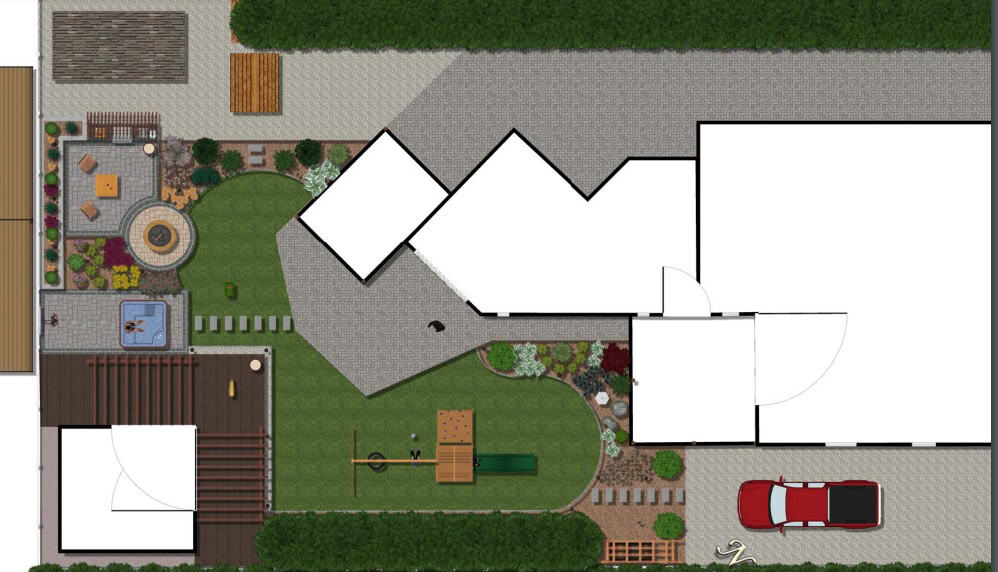 Kerttervezéshez készült alaprajz, részletes kertépítési terv és elrendezés.