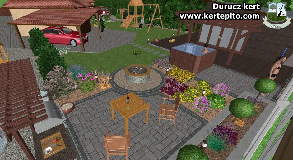 Kerti pihenőhely és játszótér kialakítása, kerti tó, térkő és növények telepítése a professzionális.