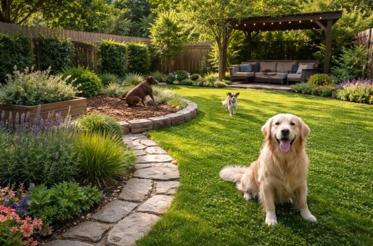 Kerti kutya és növények harmonikus elrendezése, gondozása és kialakítása.